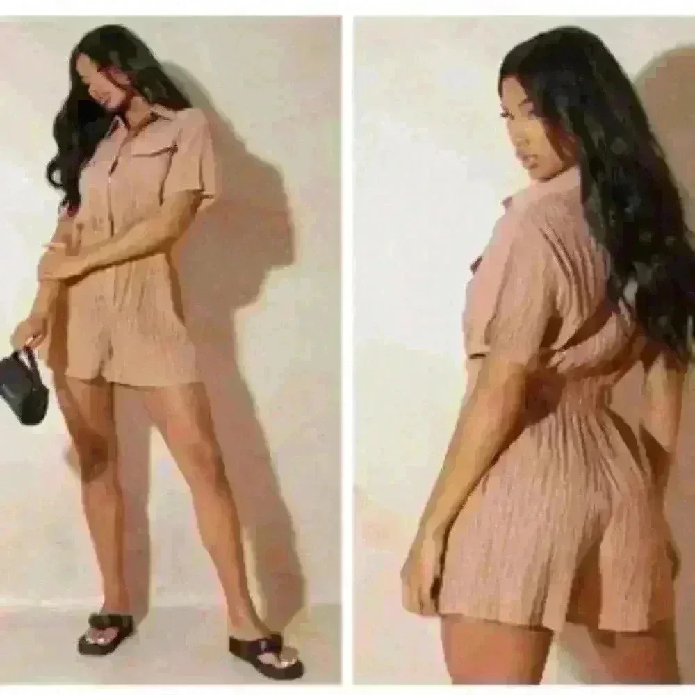 PRETTY LITTLE THING Women RomperSz 4 Small Button Up Brown Stripe Femine Chic